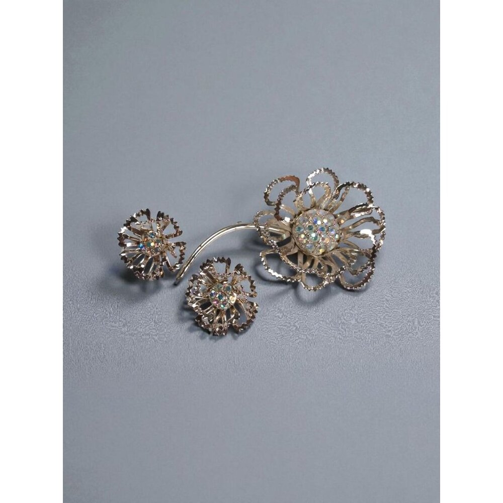 Vintage Sarah Coventry Floral Brooch & Clip-On Earrings Set Gold Tone w/ Aurora